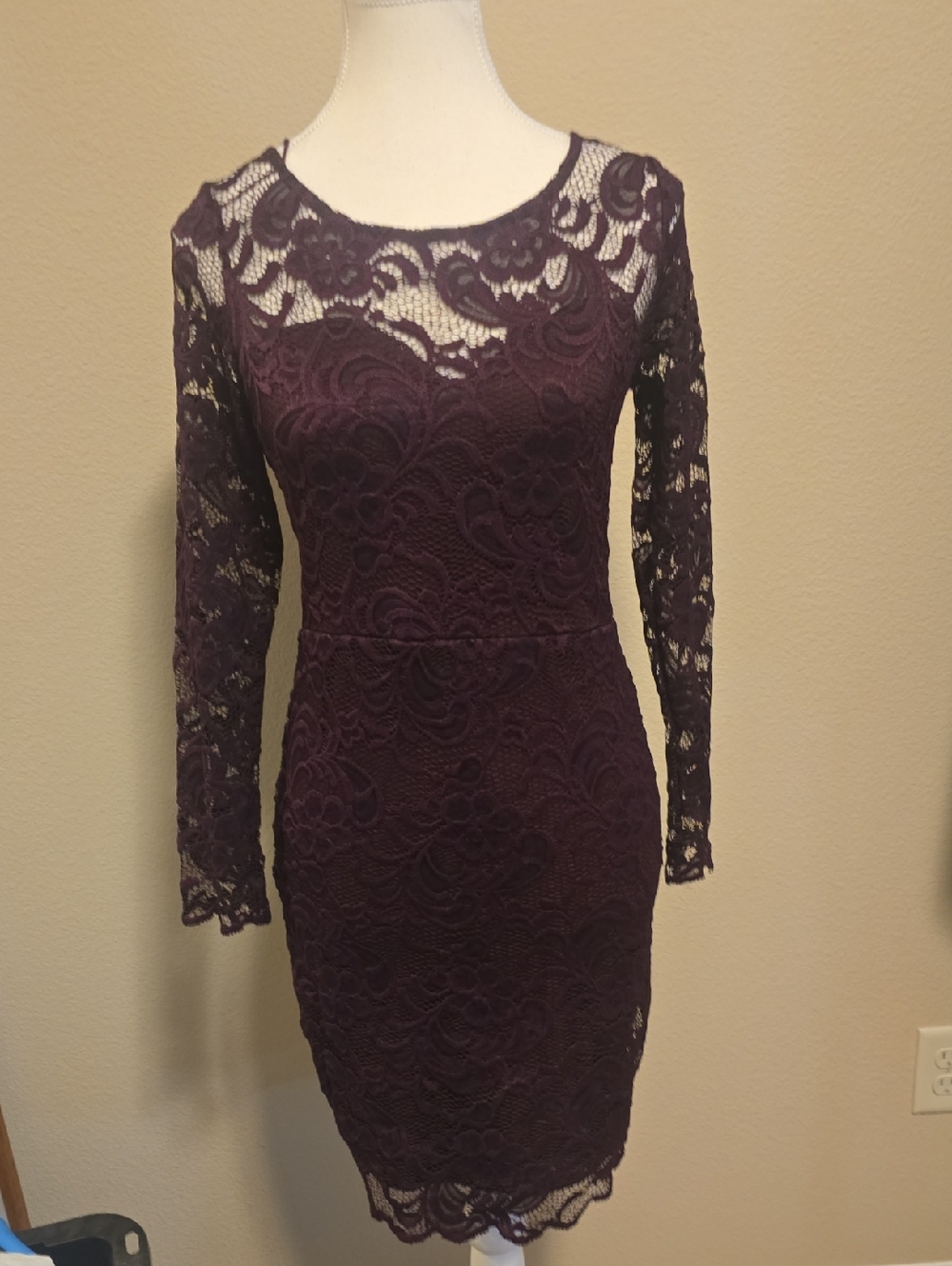 Ambiance Long-Sleeve Lace Sheath Dress in Plum